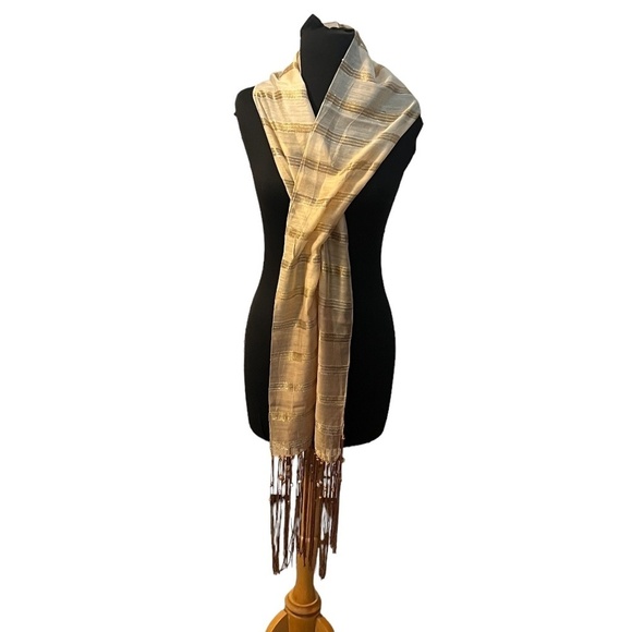 NWOT Striped Gold & Beige Print Long Fringed and Shell  Silk Scarf - Picture 3 of 8